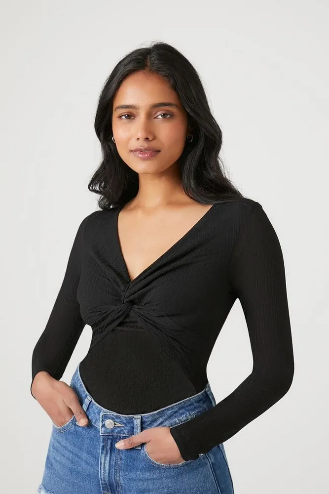 Forever 21 Women's Twisted Long-Sleeve Bodysuit in Black, XL