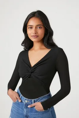 Women's Twisted Long-Sleeve Bodysuit in Black Large