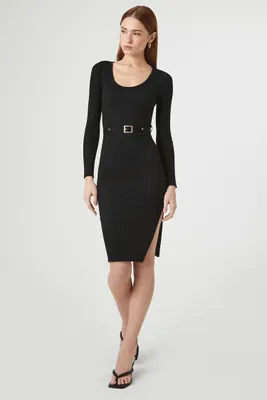 Women's Belted Rib-Knit Bodycon Midi Dress Large