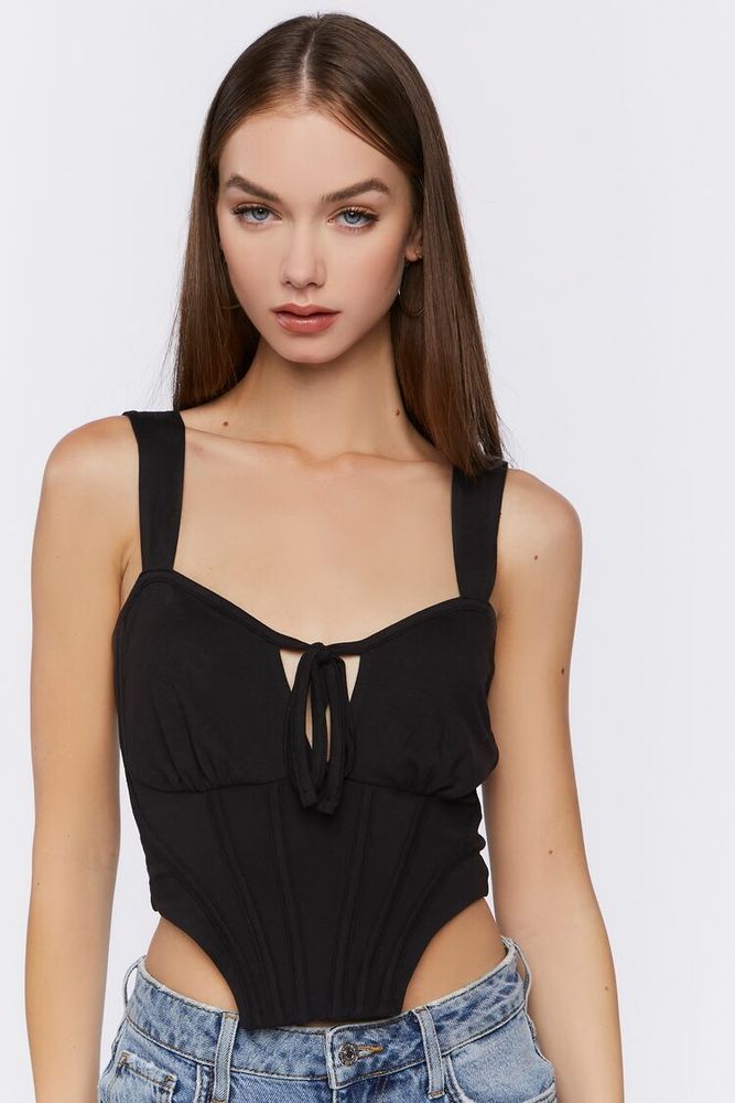 Women's Tie-Front Corset Crop Top in Black Large