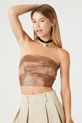 Women's Faux Leather Cropped Tube Top in Brown Small