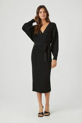 Women's Sweater Midi Wrap Dress in Black, XS