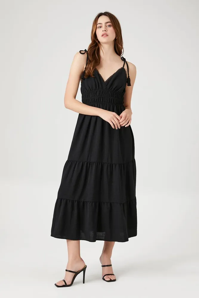 Women's Crochet-Trim Tassel Midi Dress in Black Large