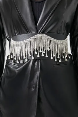 Rhinestone Fringe Waist Belt in Black/Silver, S/M