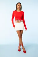 Women's Faux Pearl-Trim Seamless Crop Top in Red, S/M