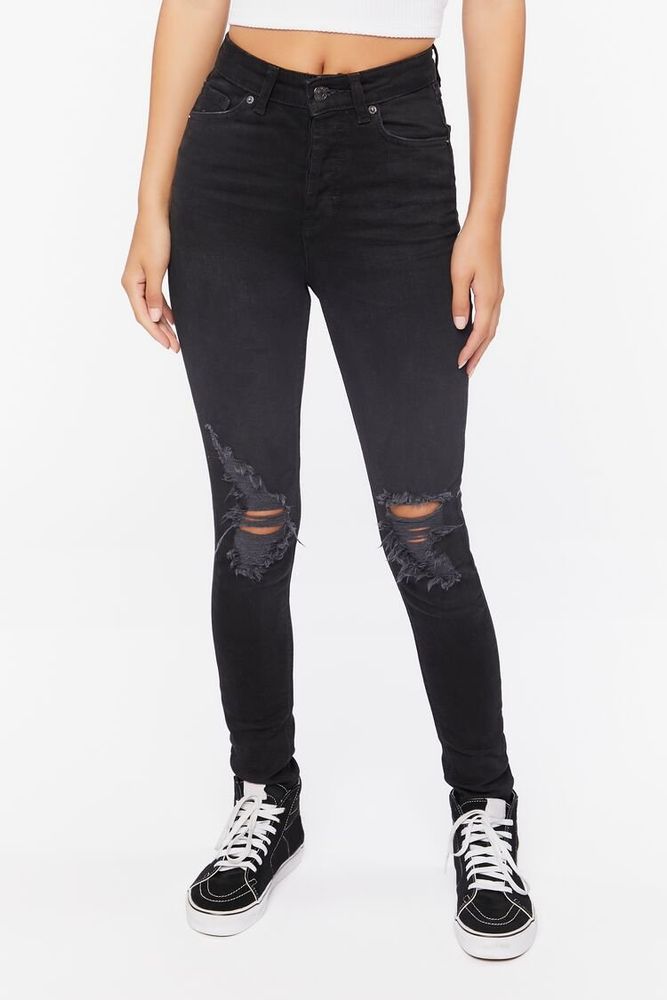 Women's Recycled Cotton High-Rise Distressed Jeans in Washed Black, 24