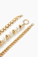 Women's Faux Pearl & Curb Chain Bracelet Set in Gold/Cream