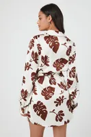 Women's Satin Tropical Print Mini Shirt Dress in Brown, XS