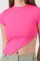 Women's Ribbed Asymmetrical Crop Top in Hot Pink, XL