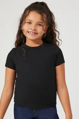 Girls Ribbed Knit Crew T-Shirt (Kids) in Black, 13/14