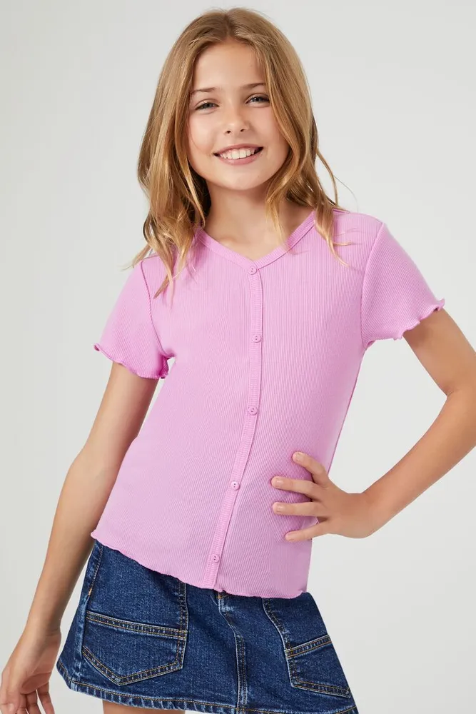 Girls Lettuce-Edge Henley Top (Kids) in Pink, 13/14