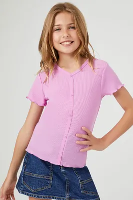 Girls Lettuce-Edge Henley Top (Kids) Pink,