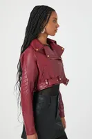 Women's Cropped Faux Leather Moto Jacket in Burgundy, XL