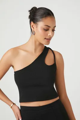 Women's Ribbed One-Shoulder Cutout Top in Black Small