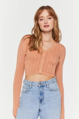 Women's Lace-Up Cropped Cardigan Sweater in Tan Small