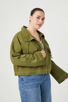 Women's Twill Zip-Up Shacket in Olive, 0X