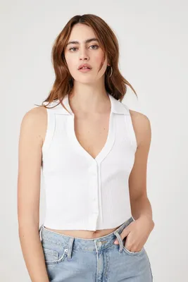 Women's Sleeveless Ribbed Knit Crop Top in White Small