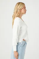 Women's Distressed Sharkbite Cutout Sweater in Ivory Medium