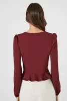 Women's Crepe Peasant-Sleeve Peplum Top in Wine Medium