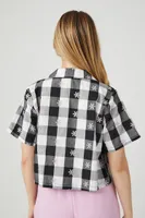 Women's Flower Embroidered Plaid Shirt in White/Black Medium