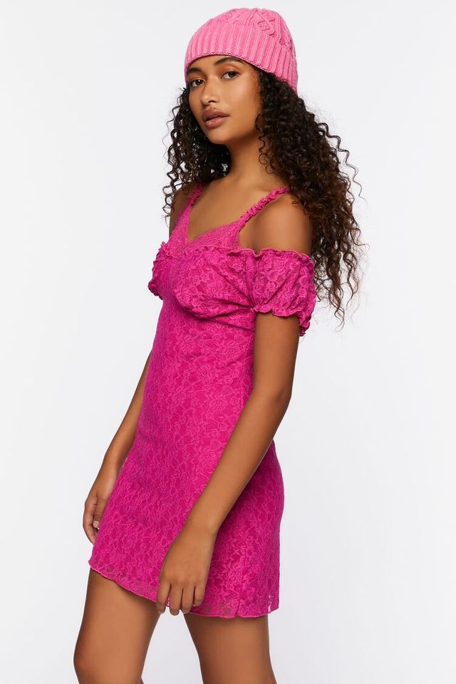 Forever 21 Women's Lace Cami Cap-Sleeve Mini Dress in Fuchsia Small