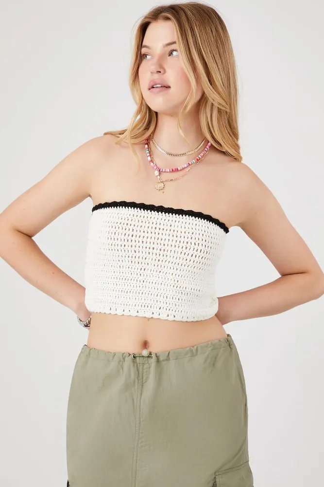 Women's Sweater-Knit Cropped Tube Top in White/Black Large