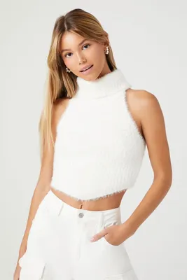 Women's Fuzzy Knit Turtleneck Crop Top in Vanilla, XS