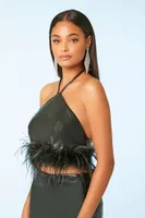 Women's Feather Halter Crop Top in Black Large