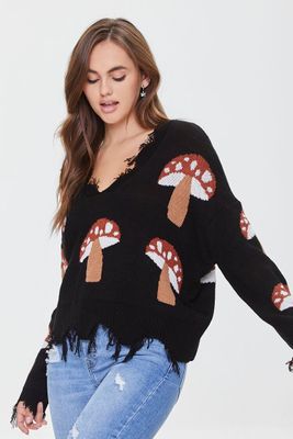 Women's Mushroom Frayed Sharkbite Sweater in Black Small