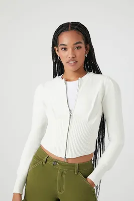 Women's Puff-Sleeve Zip-Up Sweater in Vanilla Small