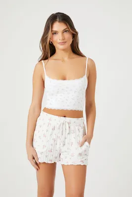 Women's Floral Drawstring Pajama Shorts in White Small