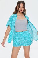 Women's Wavy Checkered Drawstring Shorts in Blue/Sherbert Small