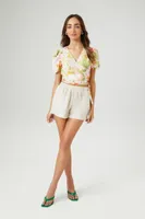 Women's Floral Short-Sleeve Wrap Crop Top in White Medium