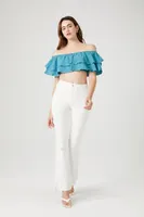 Women's Off-the-Shoulder Flounce Crop Top in Teal Blue, XL