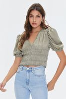 Women's Shirred Puff-Sleeve Crop Top in Sage Small