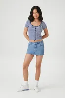 Women's Striped Rib-Knit Cropped T-Shirt in Navy/White, XL