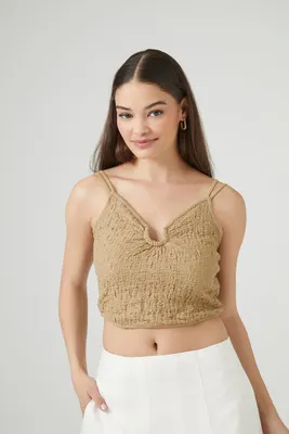 Women's Crinkled O-Ring Cropped Cami in Taupe, XL