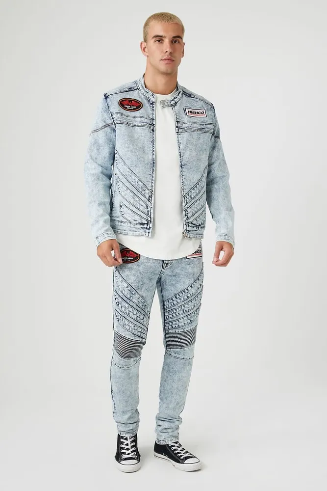 Men Patch Denim Moto Skinny Jeans in Light Denim, 33