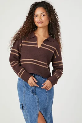 Women's Striped Split-Neck Sweater in Chocolate/Tan Small