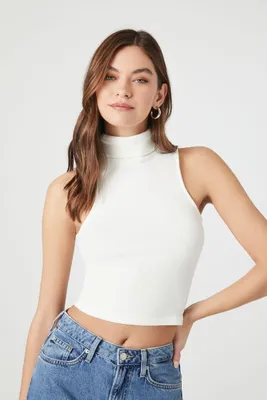 Women's Ribbed Turtleneck Crop Top in White, XL