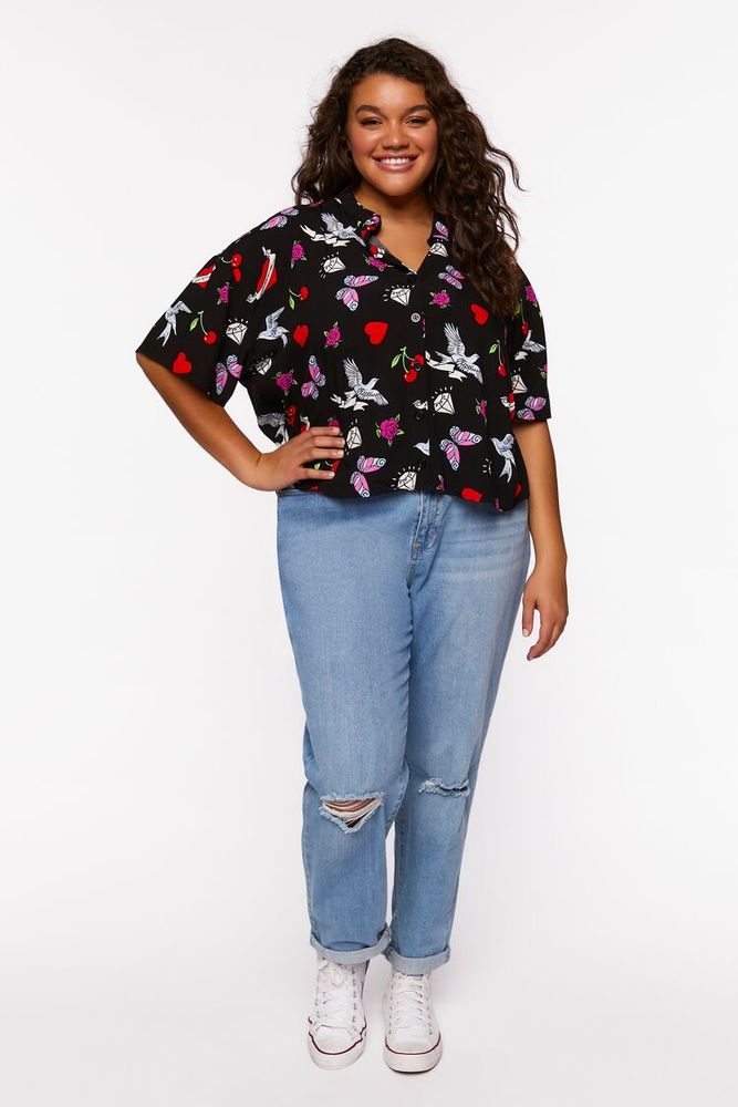 Women's Floral Butterfly Print Shirt in Black, 1X