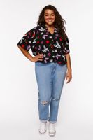 Women's Floral Butterfly Print Shirt in Black, 1X