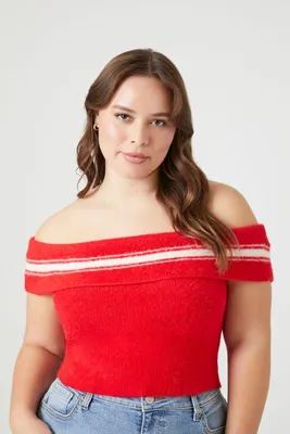 Women's Sweater-Knit Off-the-Shoulder Top in Red/Vanilla, 3X