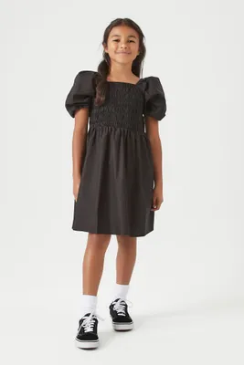 Girls Poplin Puff-Sleeve Dress (Kids) in Black, 5/6