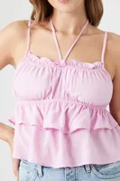 Women's Ruffle Halter Cropped Cami in Pink Small