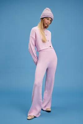 Women's Sweater-Knit Cardigan & Pants Set in Pink, XL