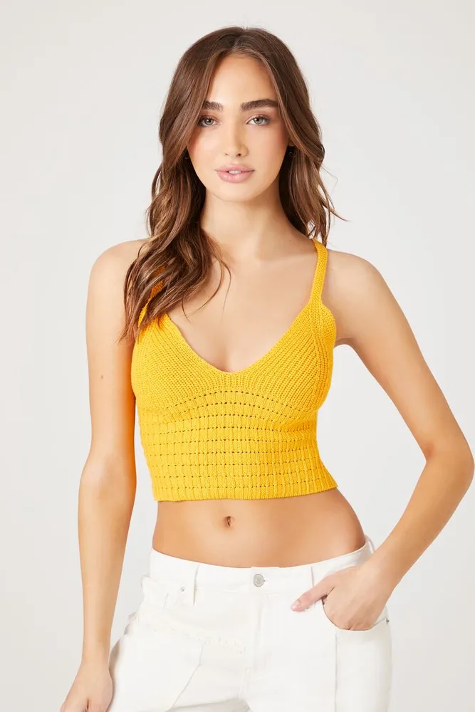 Women's Crochet Sweater-Knit Cropped Cami in Mustard Medium