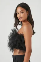 Women's Mesh Ruffle Tube Top in Black Large