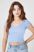 Women's Pointelle Knit Cropped T-Shirt in Blue, XL