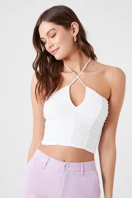 Women's Ruched Halter Crop Top in White Large